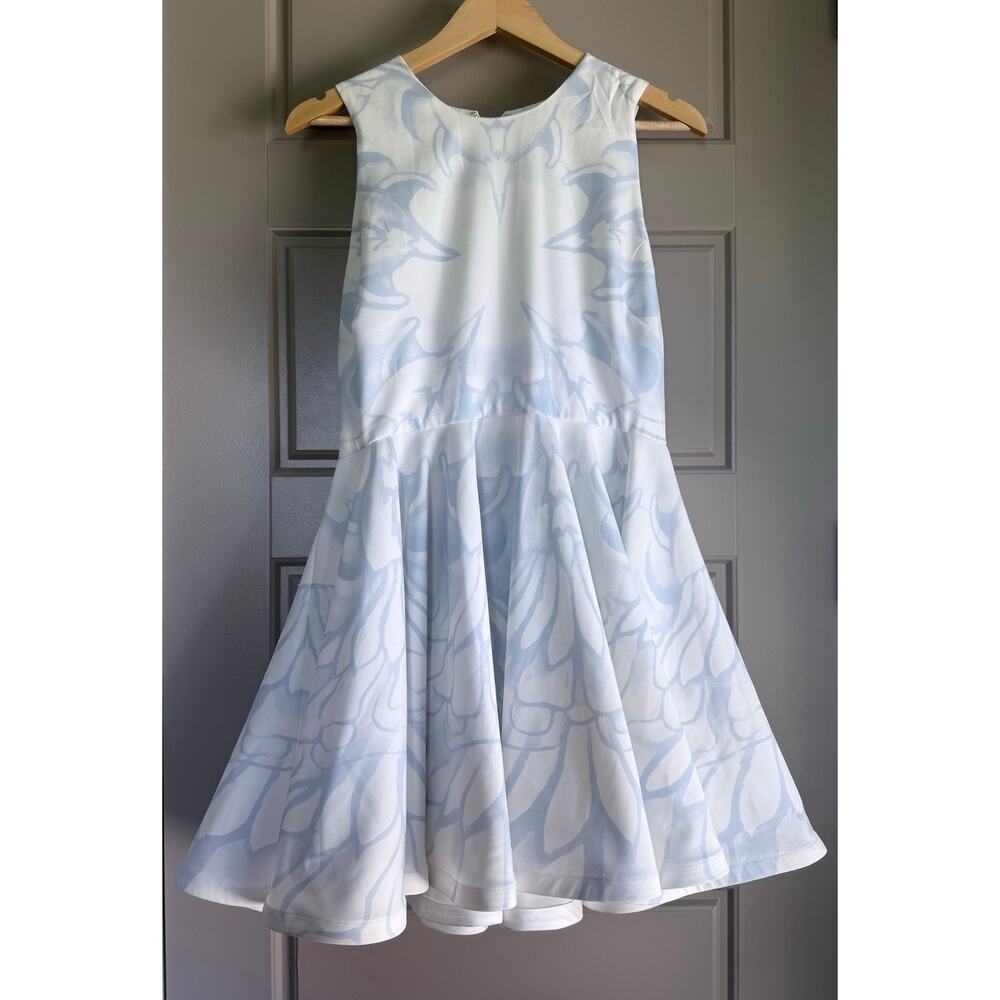 ALICE MCCALL white baby blue abstract flounce hem sleeveless knee length dress
